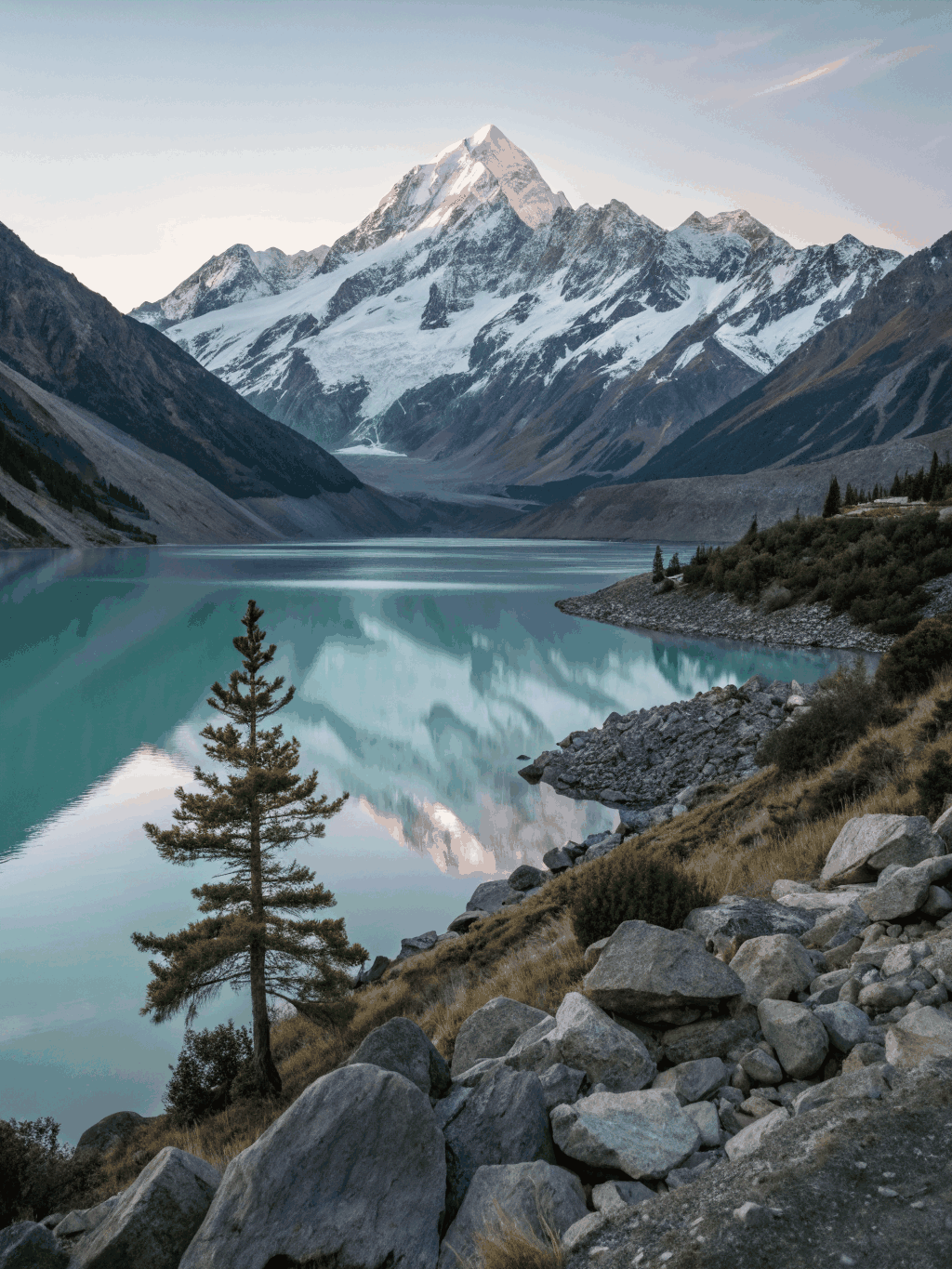 Iceberg-strewn glacial lake sitting beneath glaciated southern alps peak