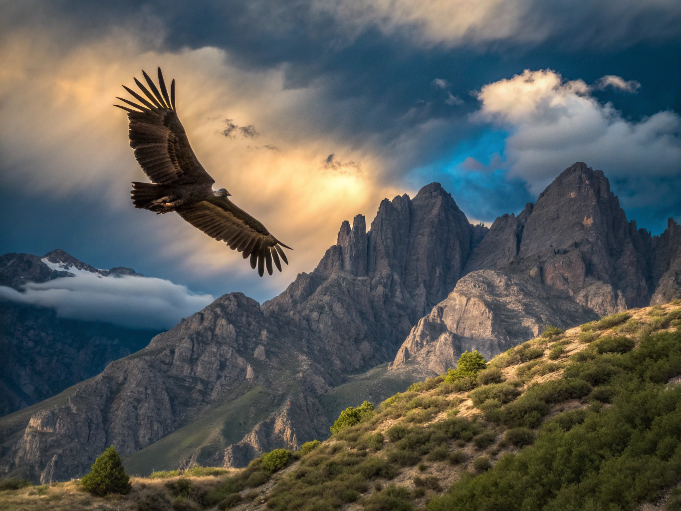 Andean Condor gliding over Patagonian granite peaks