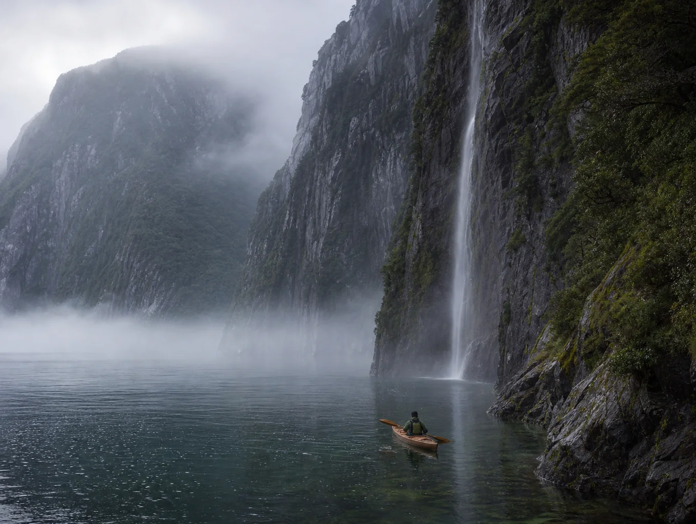 Glaciated sheer rock spires cloaked in low clouds over New Zealand fiord